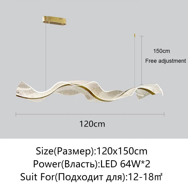 suspension lumineuse moderne élégante blanc translucide doré texture ondulée brillante led 100cm 120cm 150cm