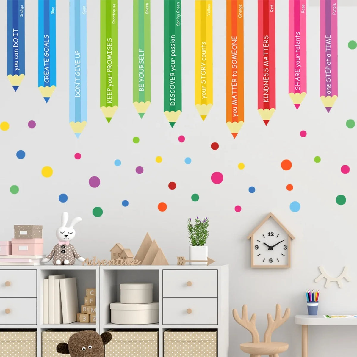 sticker mural crayons colorés messages positifs moderne enfants chambre bleu vert jaune orange rose