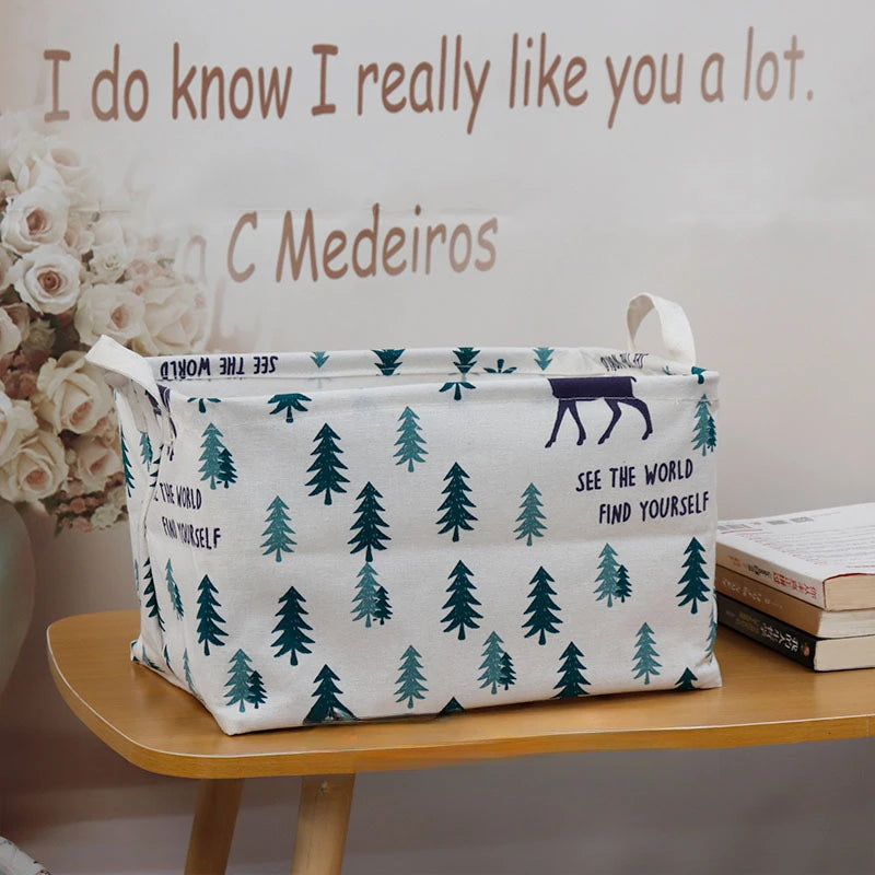 boîte rangement pliable tissu lin motif animaux moderne blanc marron gris vert