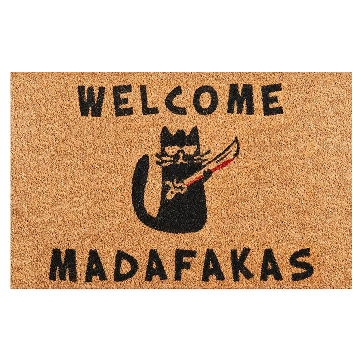 tapis d'entrée humoristique chat épée bienvenue madafafakas antidérapant caoutchouc noir marron clair marron