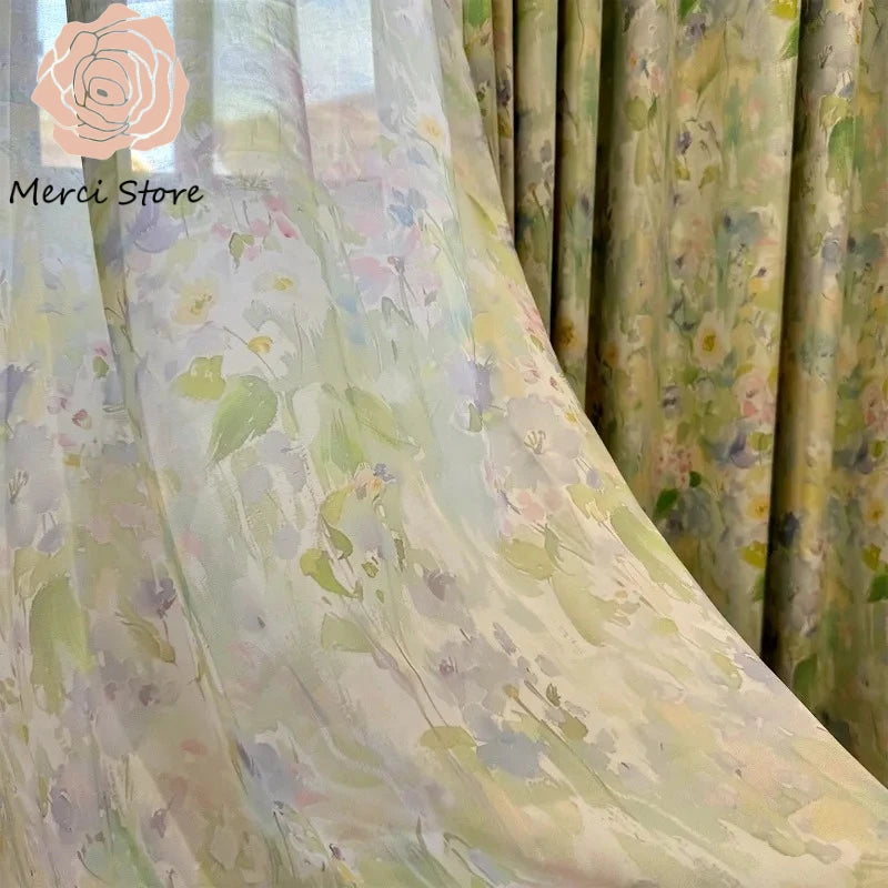 rideau moderne vert motif fleurs feuilles semi transparent pompons salon chambre