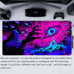 tapis jeu cartes violet bleu noir illustration yeux plumes mains moderne abstrait 60cm 35cm