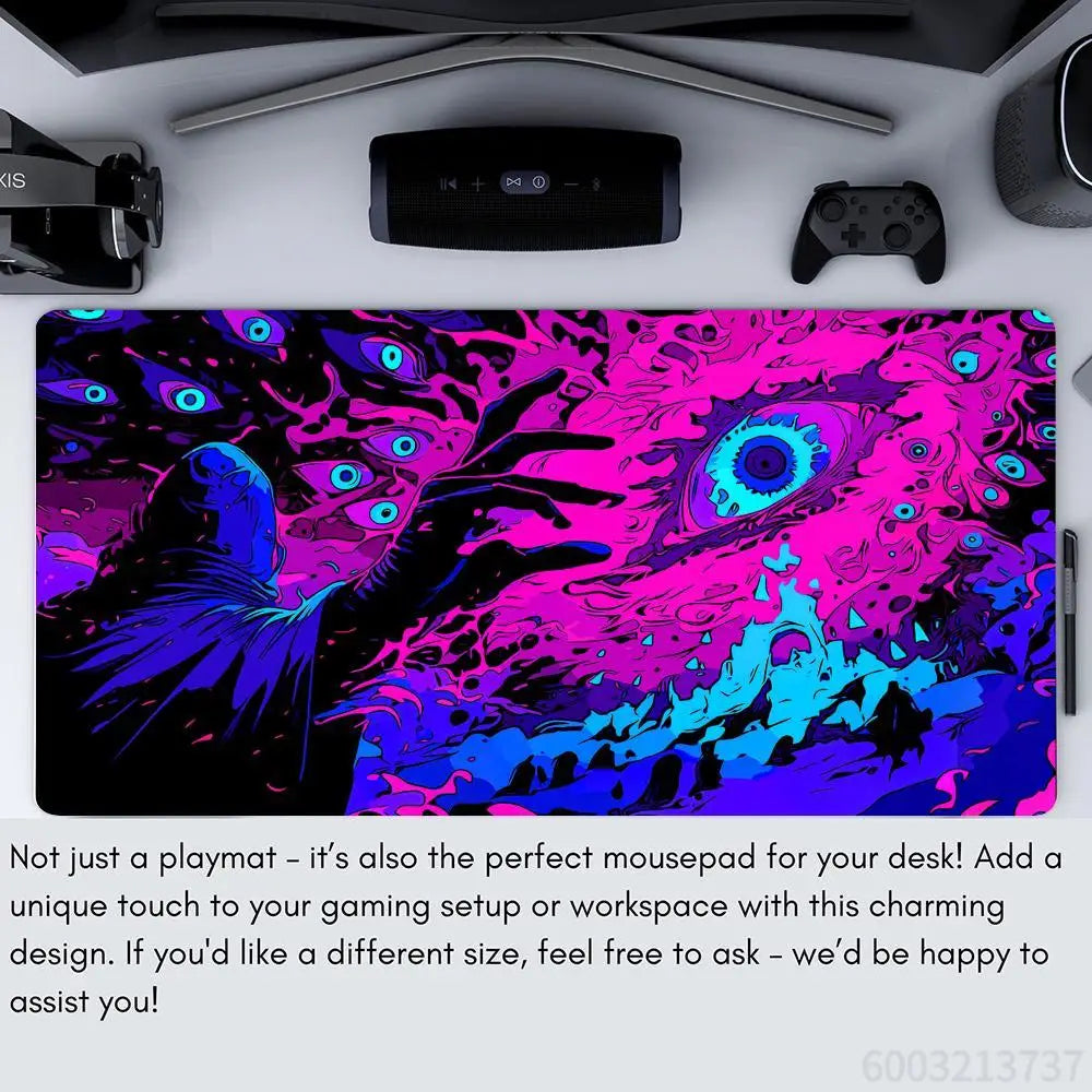 tapis jeu cartes violet bleu noir illustration yeux plumes mains moderne abstrait 60cm 35cm