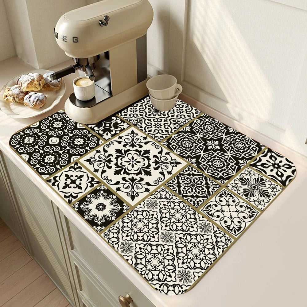 tapis cuisine gris motif géométrique noir blanc antidérapant absorbant séchage vaisselle moderne intérieur