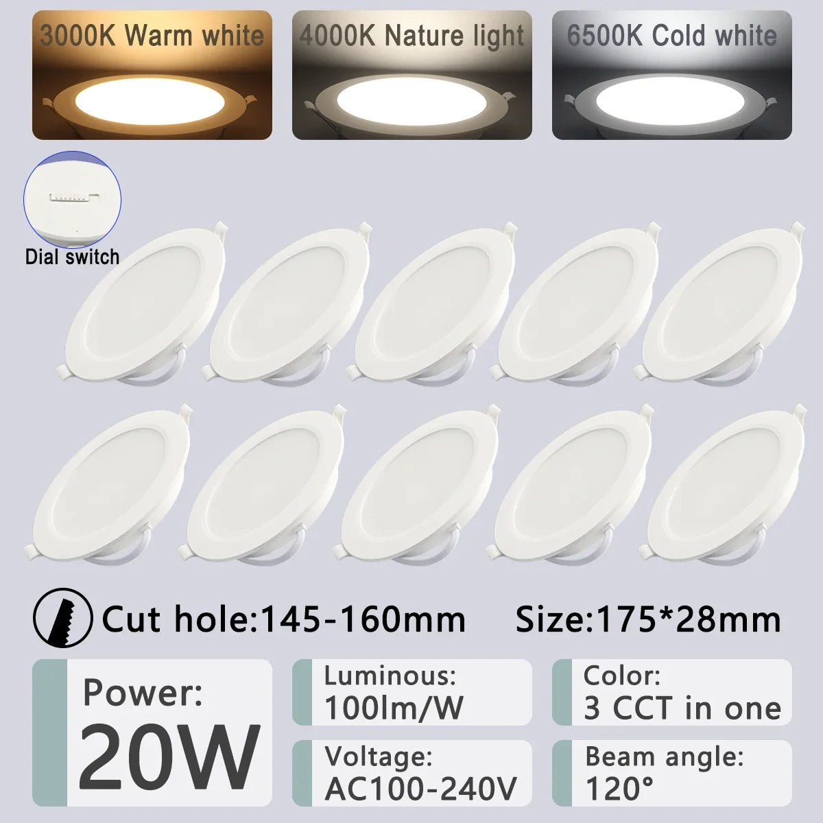 ampoule led downlight spot blanc moderne interrupteur gradateur 3000k 4000k 6000k 10w 24w