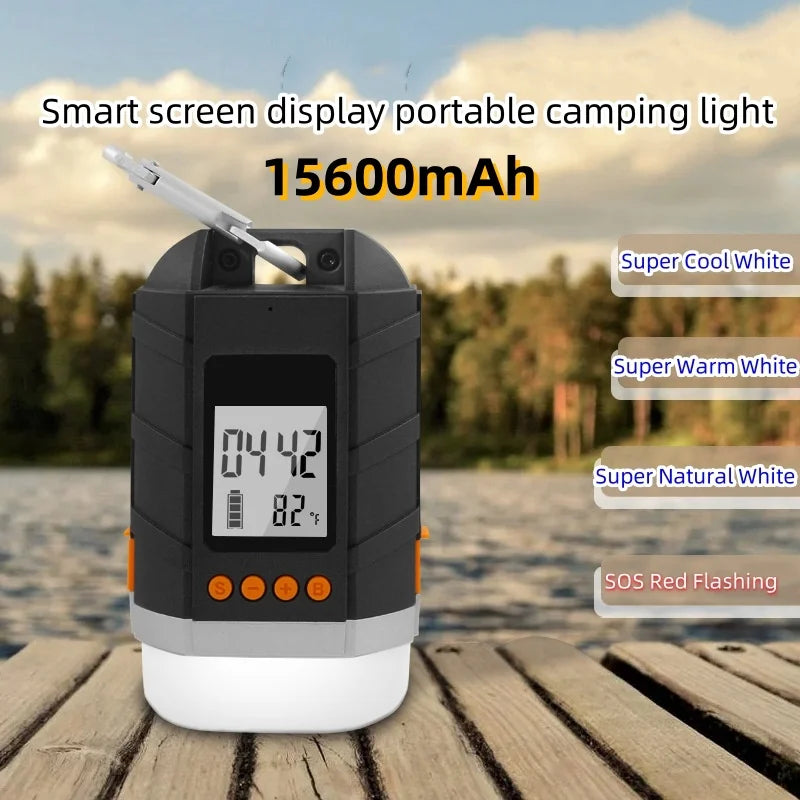lampe camping rechargeable led 15600mAh noir blanc orange fenetre lcd