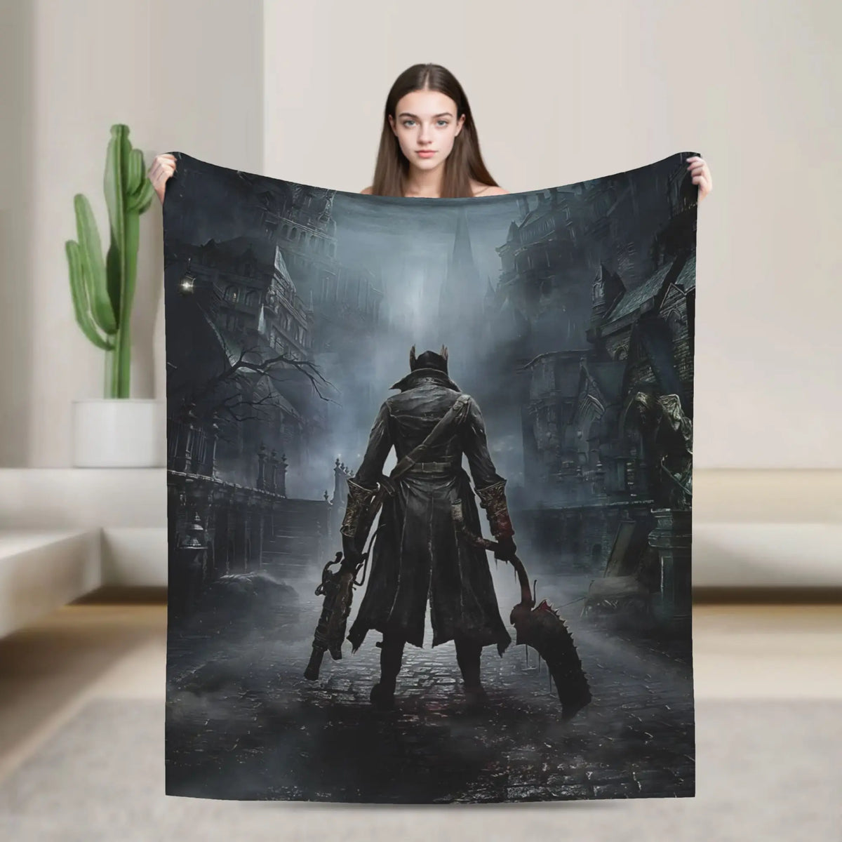 couverture polaire douce motif gothique sombre personnage ville noire gris blanc maison voyage