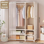 armoire vêtements moderne blanche rangées tiroirs compartiments rideau paires vêtements suspendus panier ours tasse