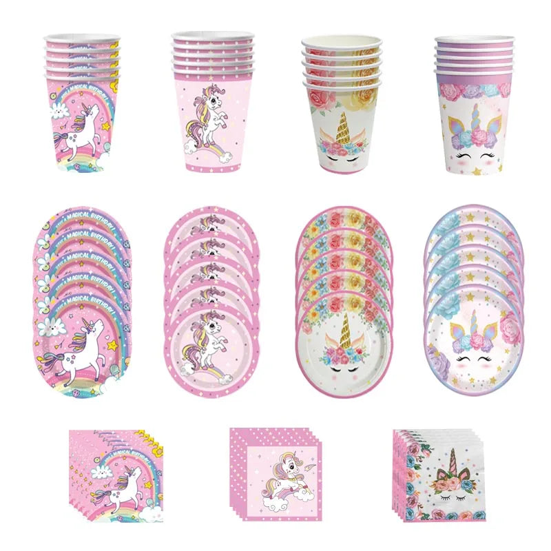 assiettes papier licorne anniversaire enfant gobelets serviettes festifs étoiles arc ciel magique