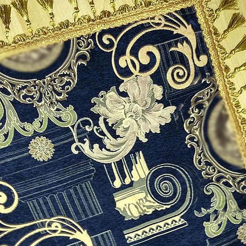 serviette classique bleu marine ornement baroque fleurs tassel doré laine coton large
