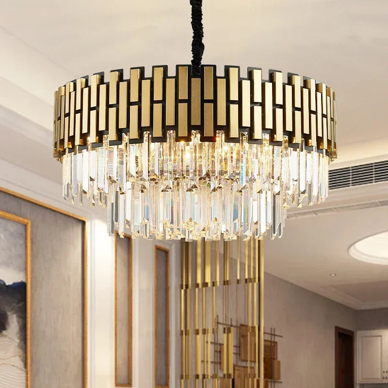 lustre moderne doré noir cristaux géométriques salon chambre led dimmable echangement cable