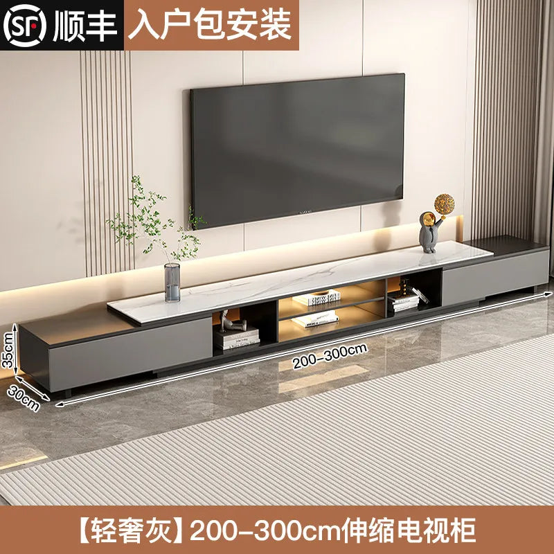 meuble tv moderne gris blanc marbre tiroirs rangement salon