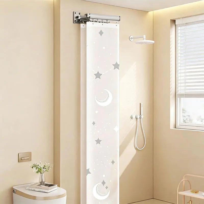 rideau douche opaque motif lune étoile moderne rail incurvé sans perçage blanc argenté