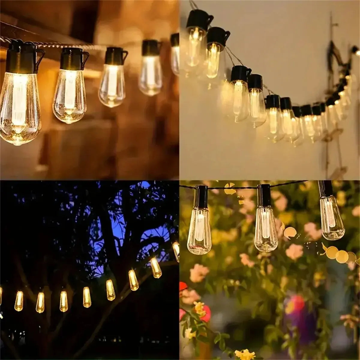 guirlande lumineuse solaire ampoules led vintage transparentes structure noire extérieure jardin festive