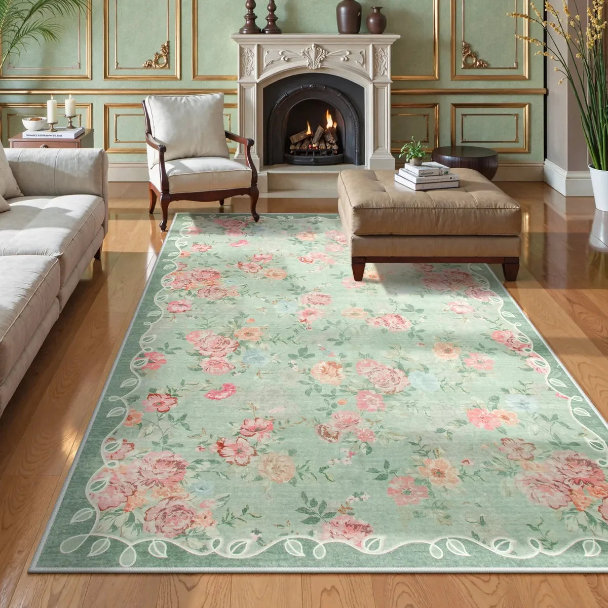 tapis fleur rose vert feuilles classique floral salon chambre 80x120 120x160 cm