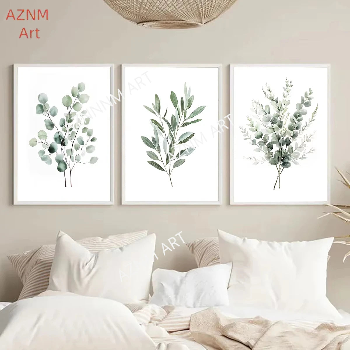 affiches art aquarelle feuilles plantes verte blanche abstraction moderne décoration mur