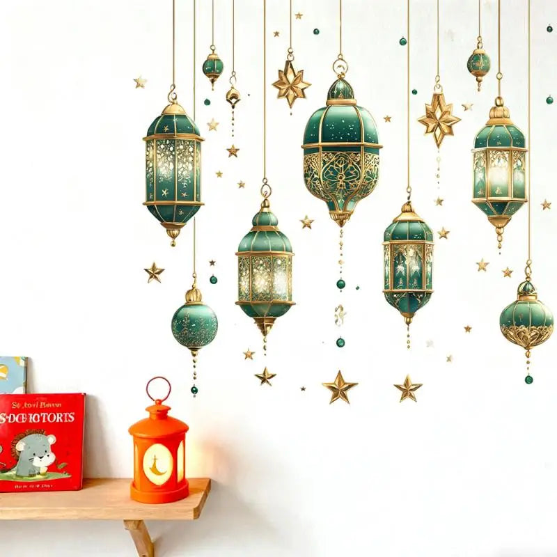 décoration ramadan stickers muraux lanternes colorées lune étoiles dorées floral violet vert rose artisanal