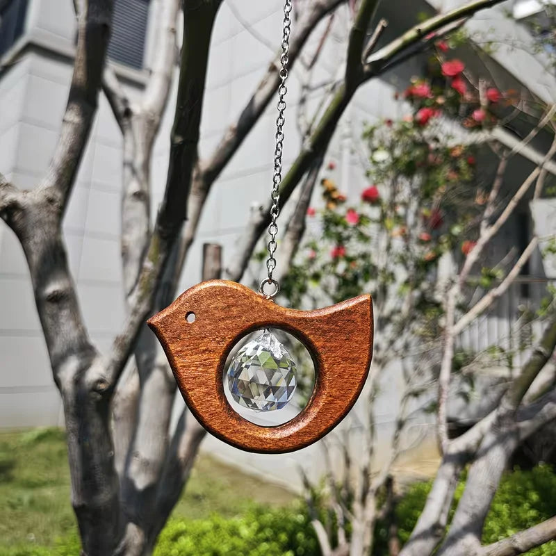 ornement suspendu suncatcher oiseau cristal bois naturel rustique arc ciel décoration fenêtre jardin maison