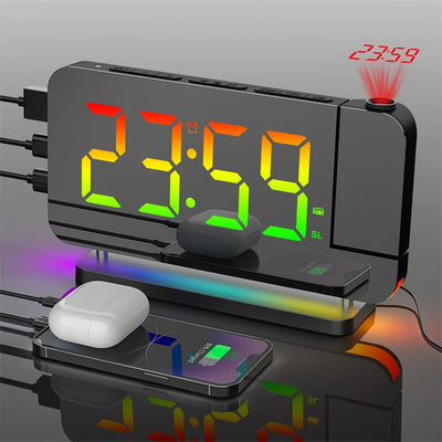 réveil lumineux multifonctionnel projection mur ambiancé rgb usb charge horloge digitale led moderne technologie