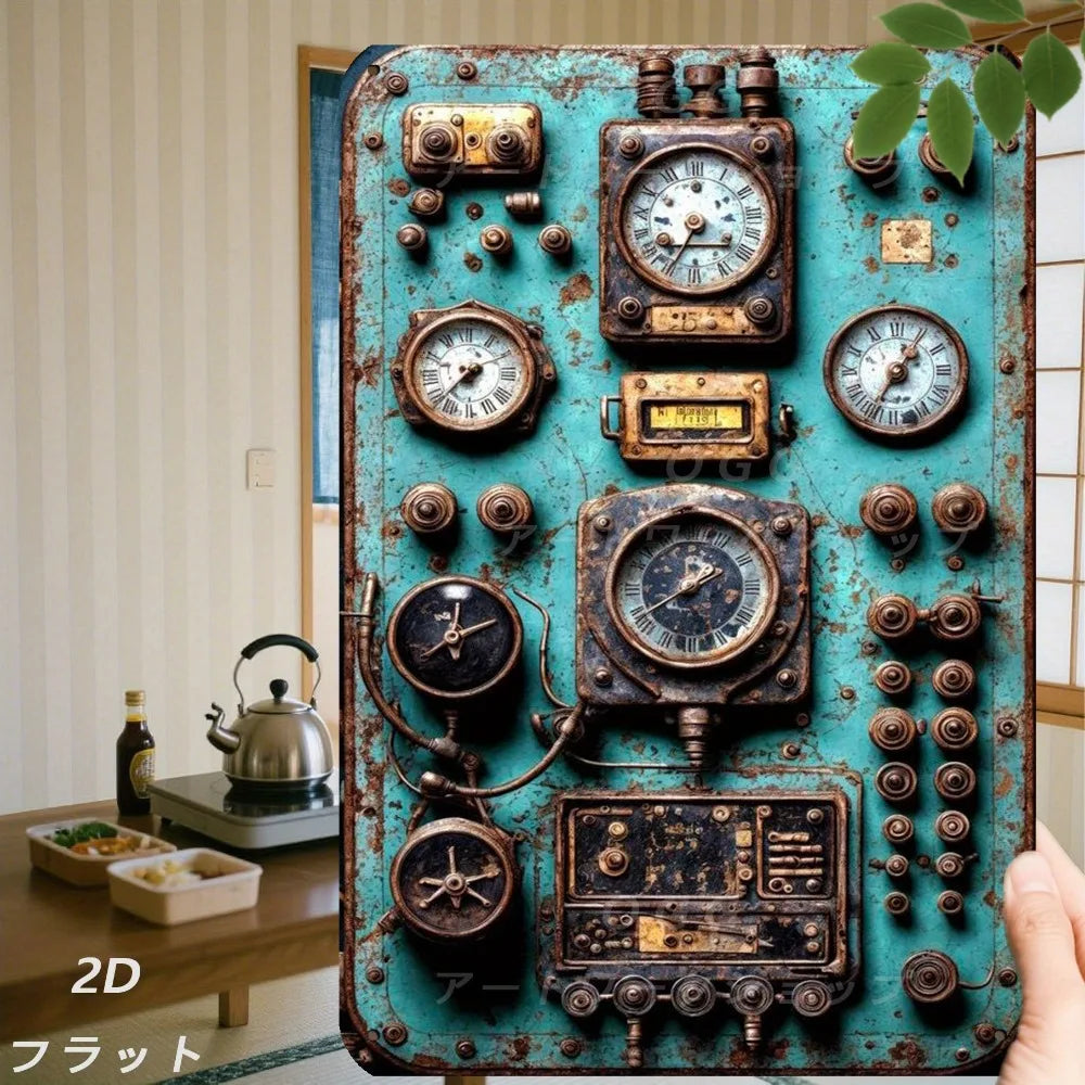 panneau contrôle vintage steampunk bleu vert doré métal vieilli émail noir