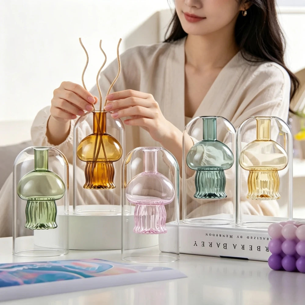diffuseur huiles essentielles moderne forme champignon transparent vert marron rose bleu