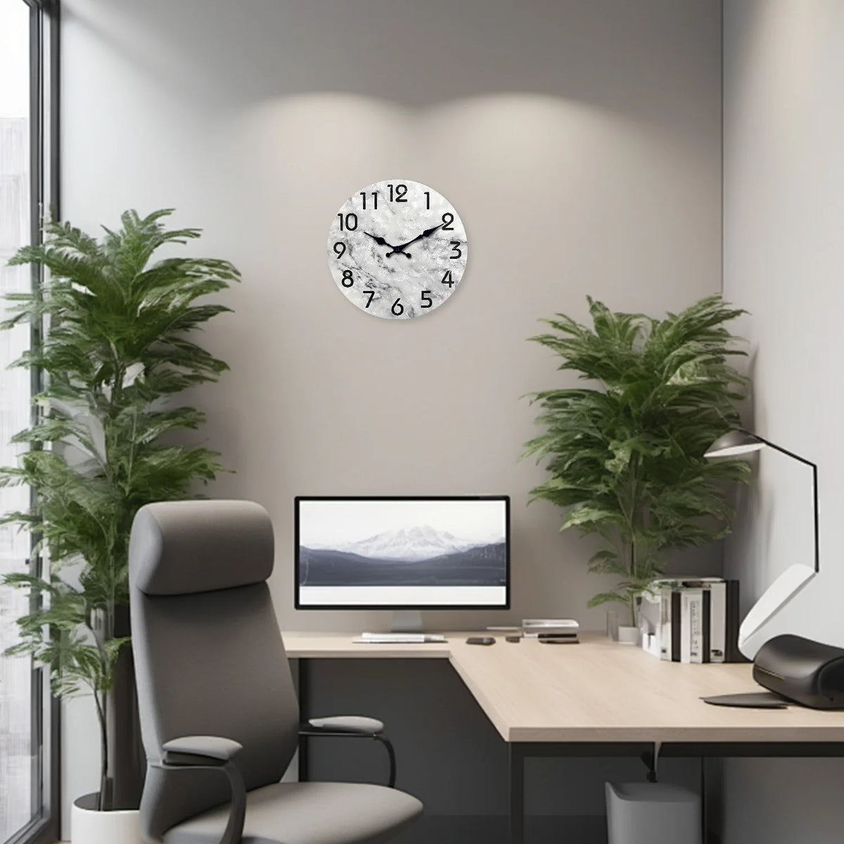 horloge murale moderne marbre gris blanc quartz bois salon unique
