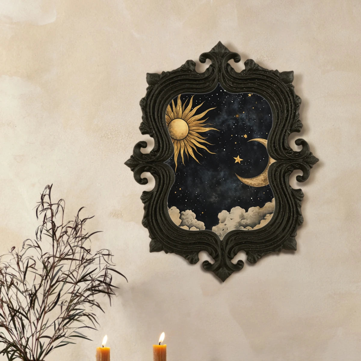 cadre mural baroque noir lune soleil étoiles nuages ornements floraux chambre adulte déco gothique