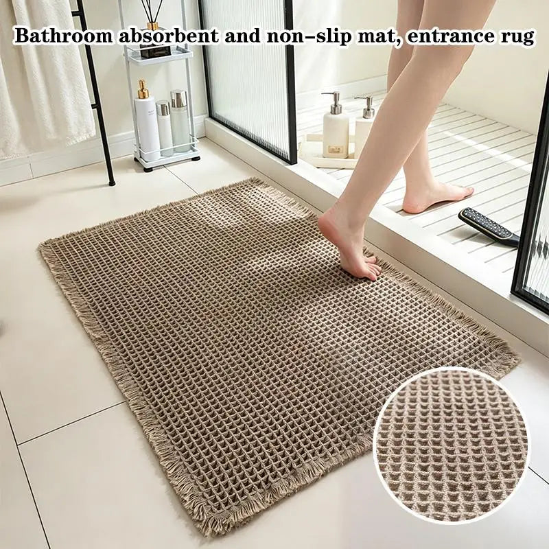 tapis bain beige clair gaufré antidérapant franges moderne dimensions 60x40cm