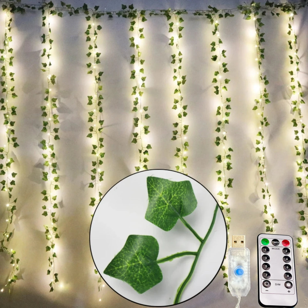 guirlande lumineuse feuilles vertes lierre lumière blanche moderne décoration chambre vacances télécommande usb