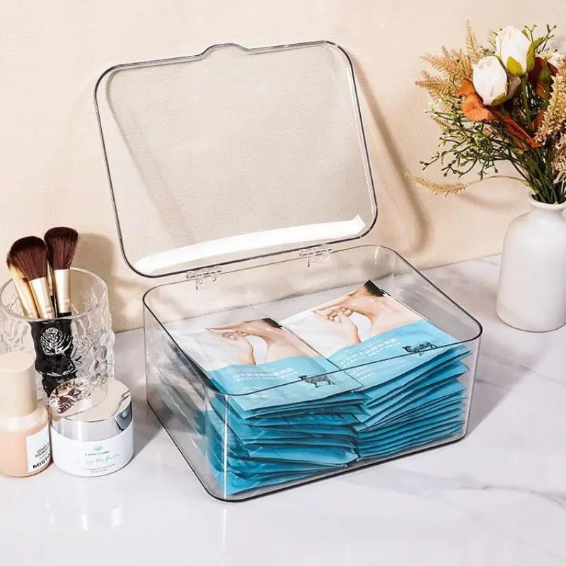 boîtes rangement transparentes modernes clics livres stylos théière tasses masques télécommande