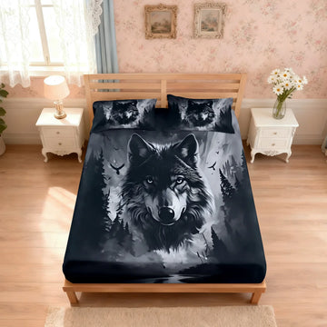 parure lit moderne motif loup forêt bleu nuit gris blanc coton polyester artistique