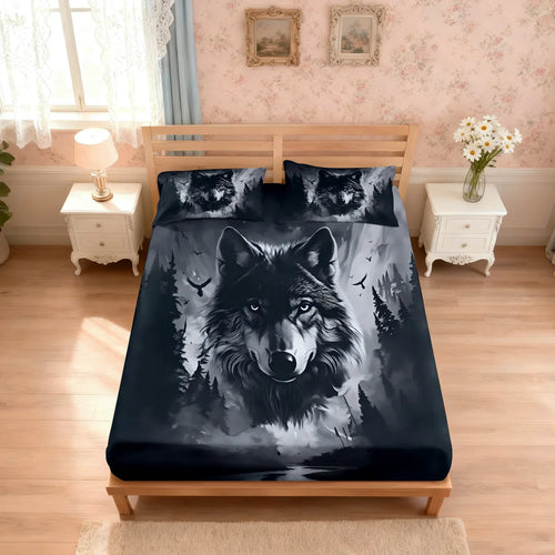 parure lit moderne motif loup forêt bleu nuit gris blanc coton polyester artistique