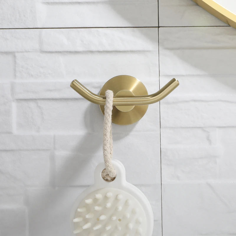 crochet mural double acier inoxydable finition or brossé serviette salle bain