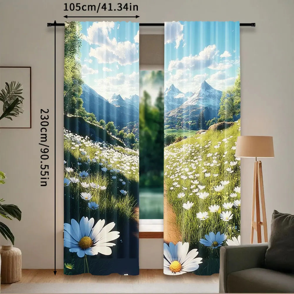 rideau pastoral opacité bleu blanc vert gris pièces 100% polyester paysage marguerites nuages herbe