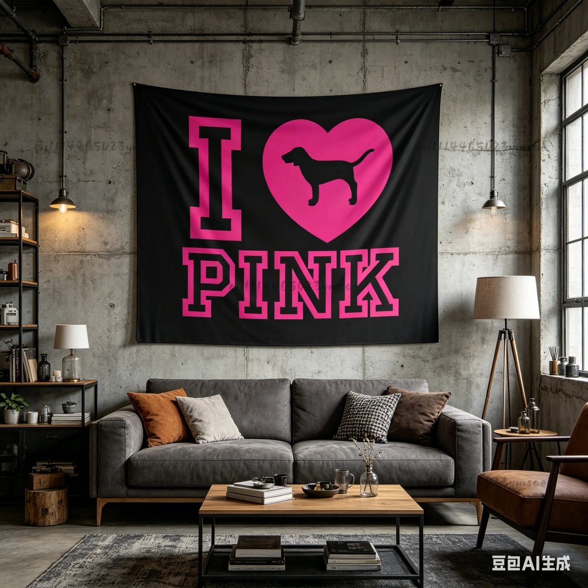 tapisserie murale graphique pink chien cœur noir rose vif moderne décoration chambre étudiante bannière