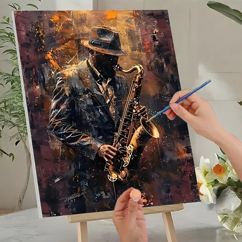 peinture numérique abstraite saxophone moderne diy toile multicolore vives taches pré imprimée