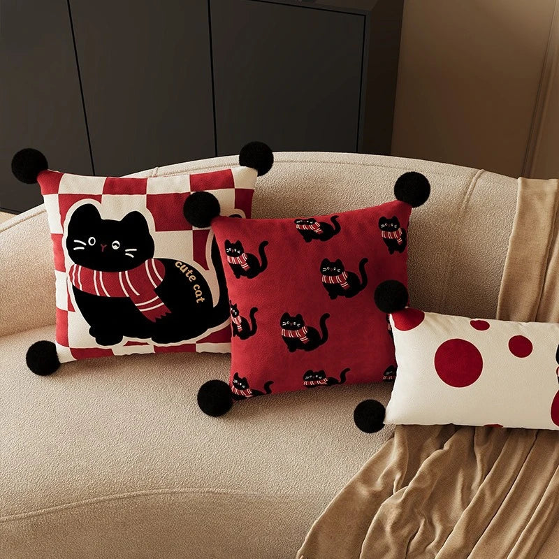 coussin housse chat noir foulard imprimé polyster rectangle décoration cartoon
