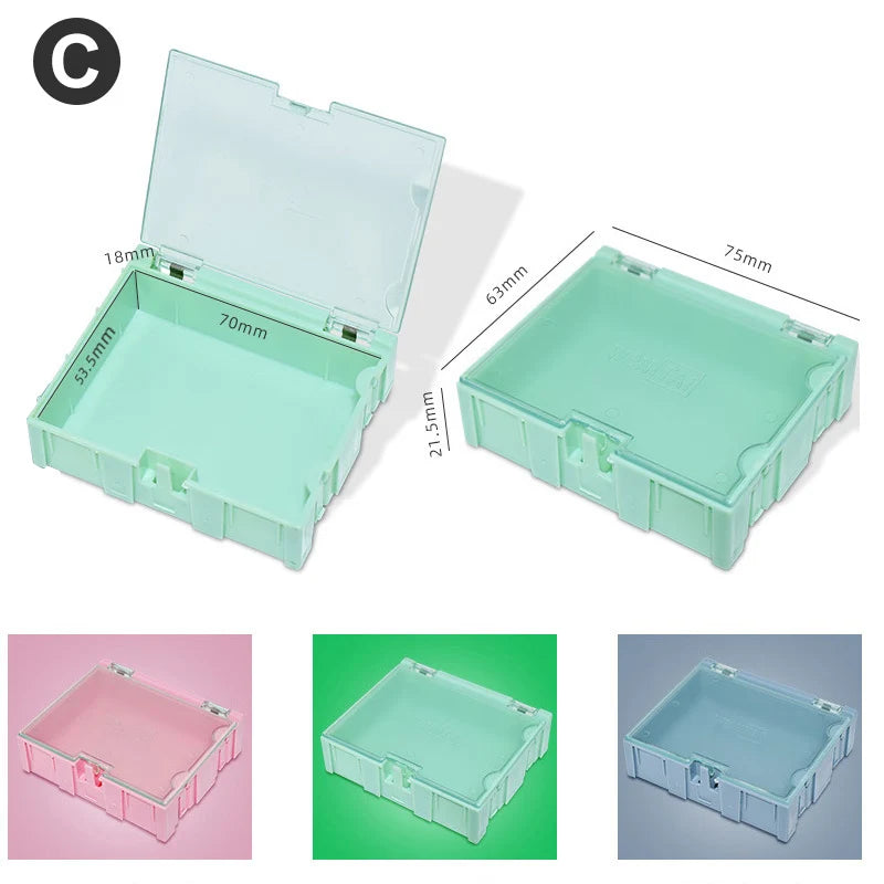 boîtes rangement composants électroniques bleu clair vert rose plastique lisse clips pratique compact
