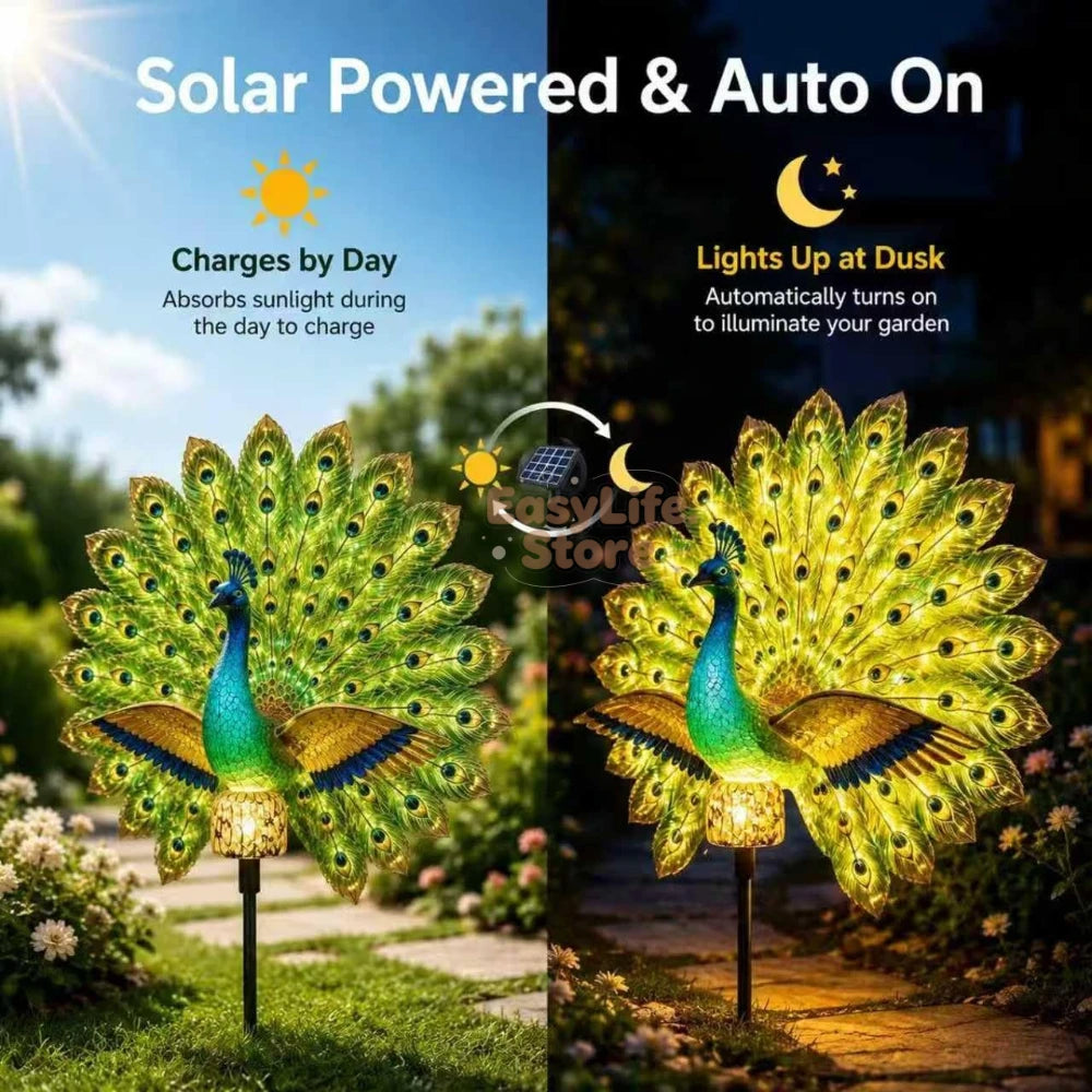 décoration jardin paon plumes bleu vert or lumière LED mouvement auto étancheextérieur féerique