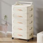 meuble rangement mobile tiroirs roulettes beige clair rayures horizontales moderne