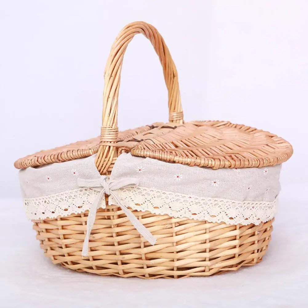 panier pique nique osier tressé main poignée tissu carreaux rouge blanc traditionnel rustique respectueux