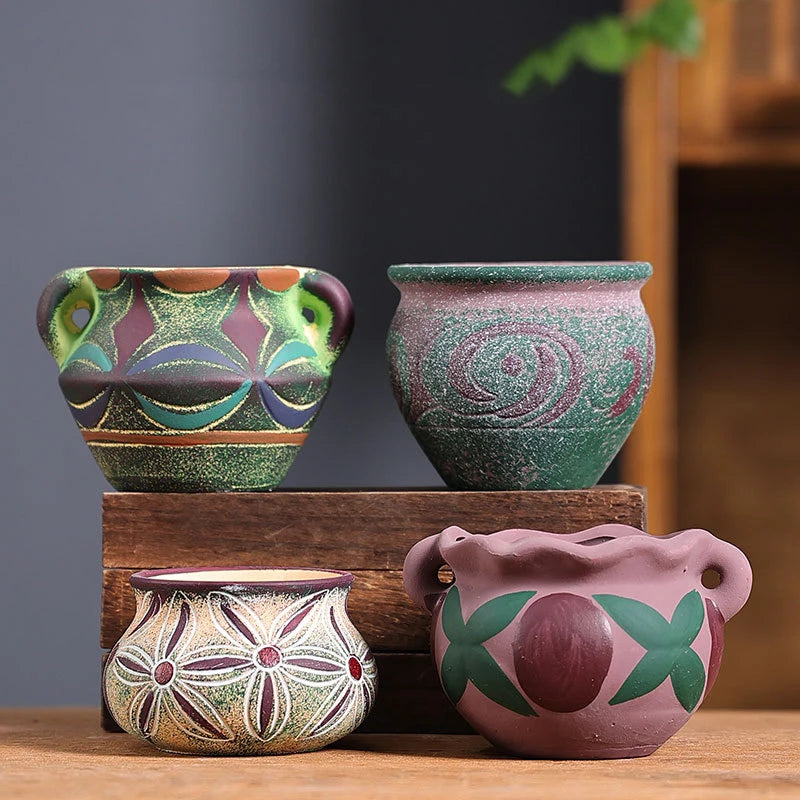 pots fleurs vintage céramique fleurs stylisées motifs géométriques couleurs vives classiques maison