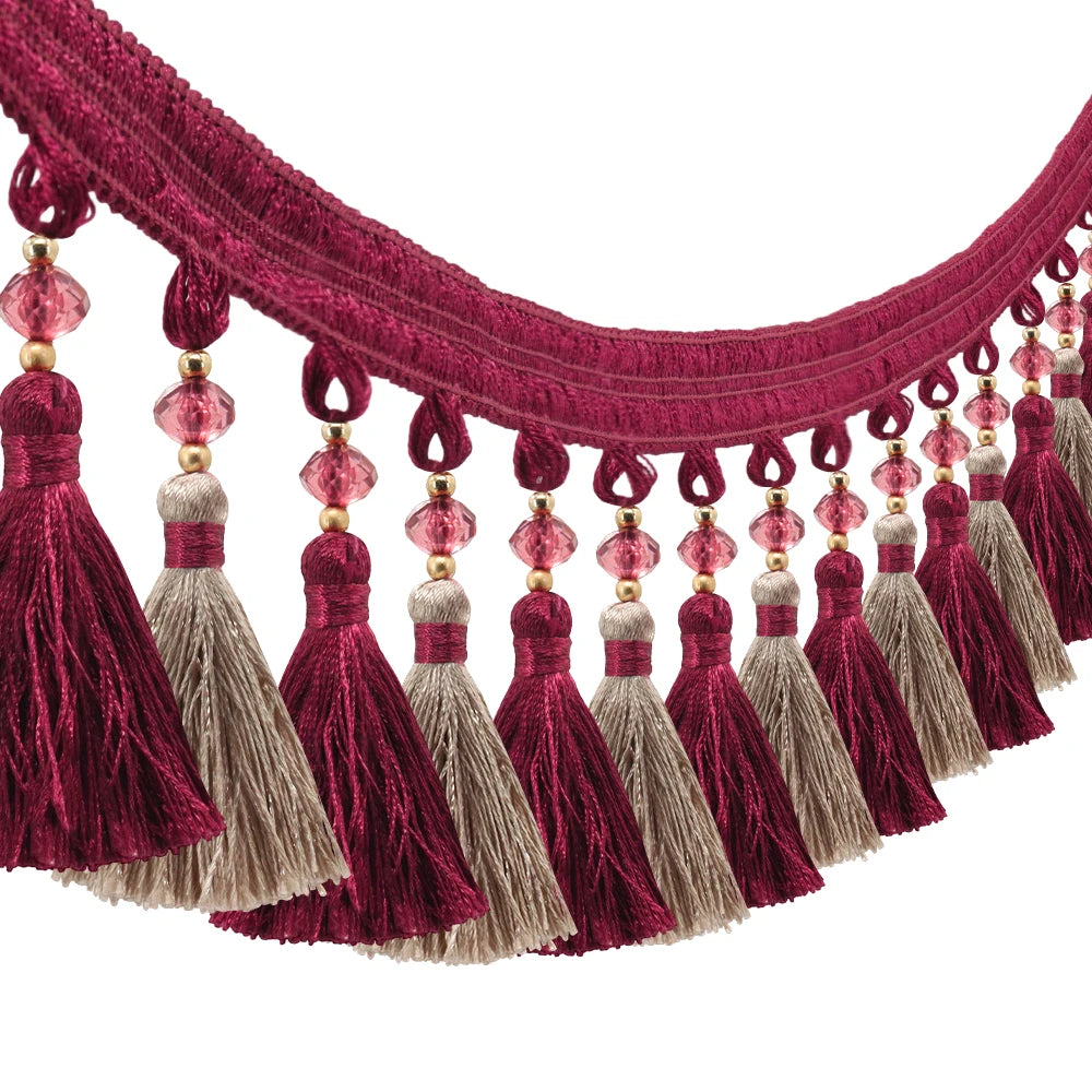 ruban franges rouge bordeaux beige clair decoratif textile maison bordure pompons 11cm