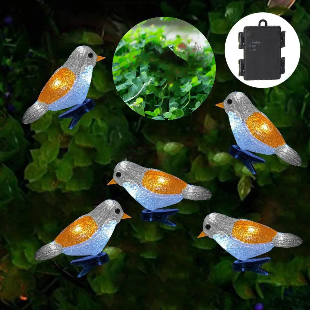 guirlande oiseaux bleu doré lumineuse clips solaire usb led jardin festive