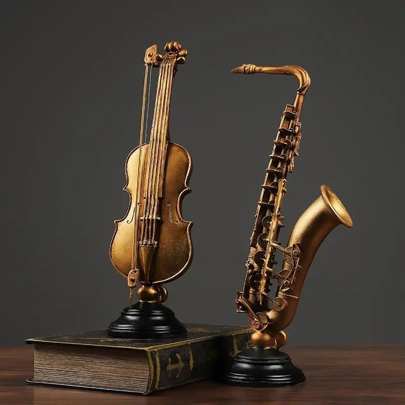 statues ornementales violon saxophone or vieilli noir imitation bois vintage decoration maison hauteur largeur