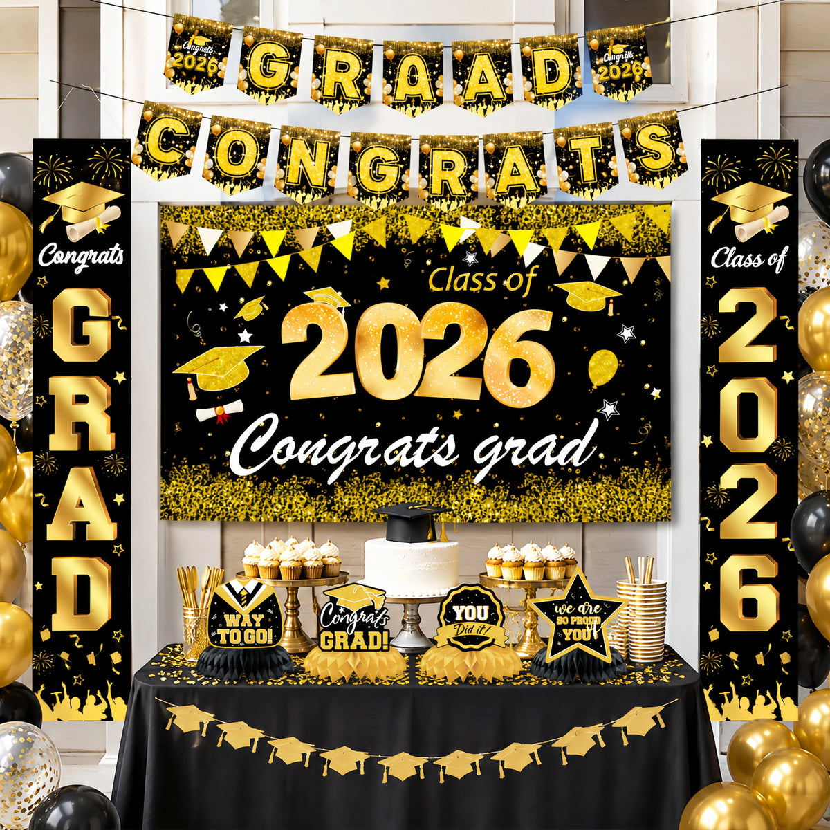 bannières graduation noir doré étoiles confettis caps moderne festives 2026 congratulations proud