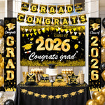 bannières graduation noir doré étoiles confettis caps moderne festives 2026 congratulations proud