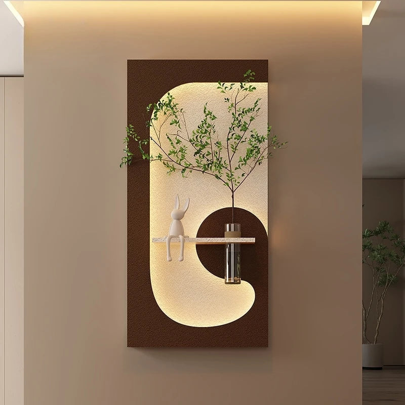 tableau mural moderne lampe led plante verte motif abstrait bois couleur beige vert marron