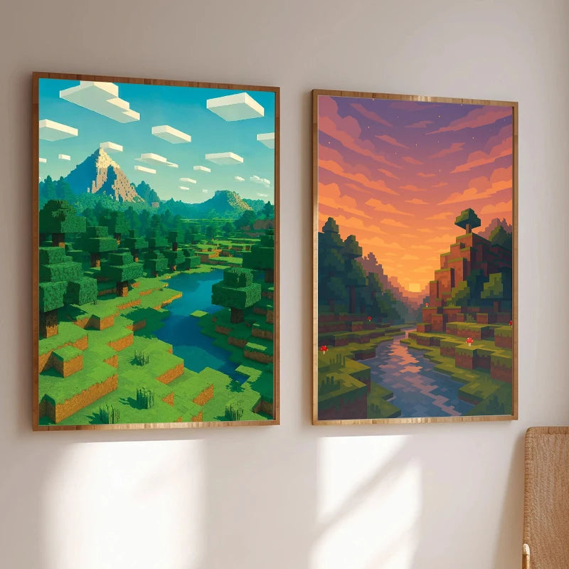 toile d'art pixel paysage nuages montagnes rivière arbres arc ciel moderne aquarelle vert bleu