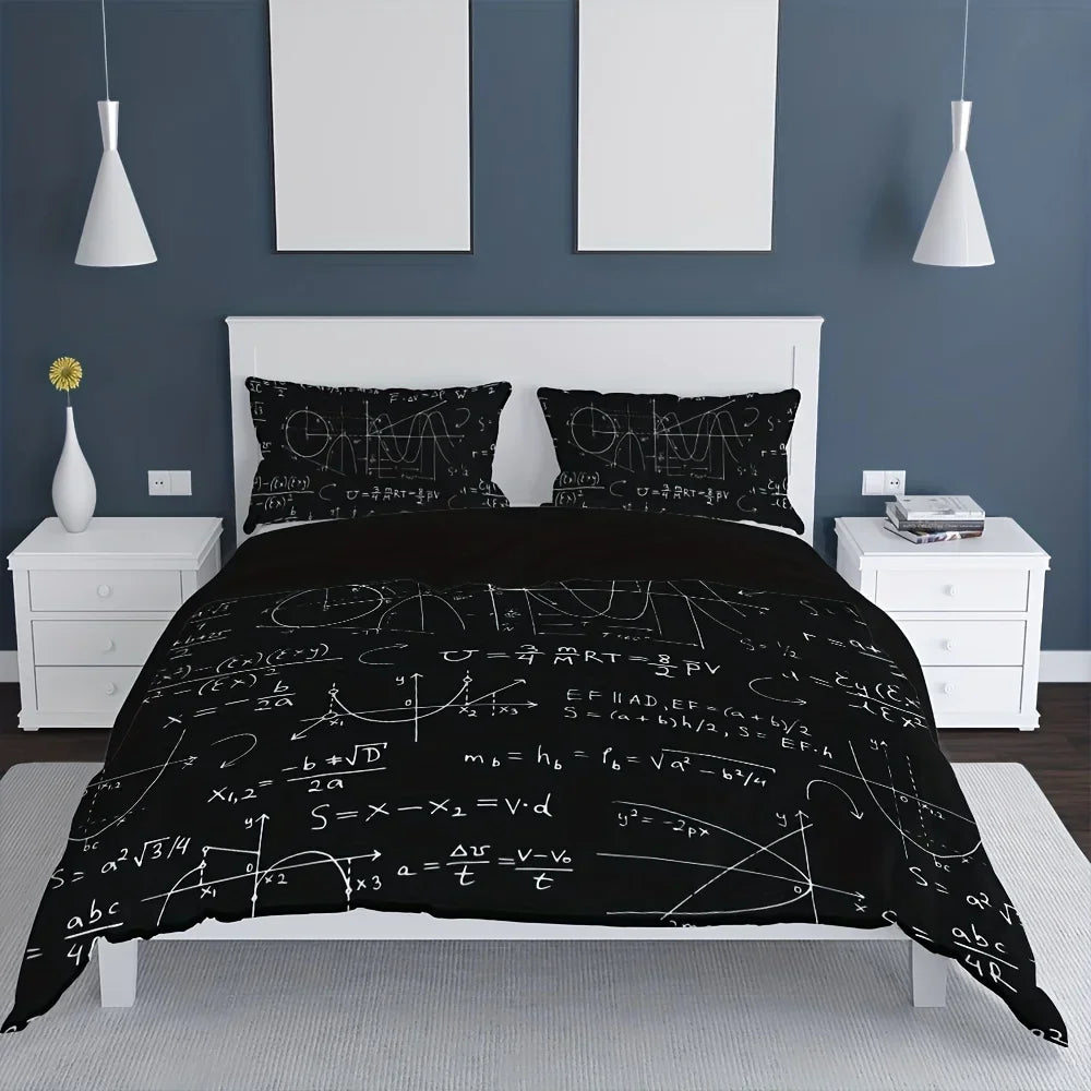 housse couette formules mathématiques taie d'oreiller ensemble literie moderne noires blanches chambre adolescente